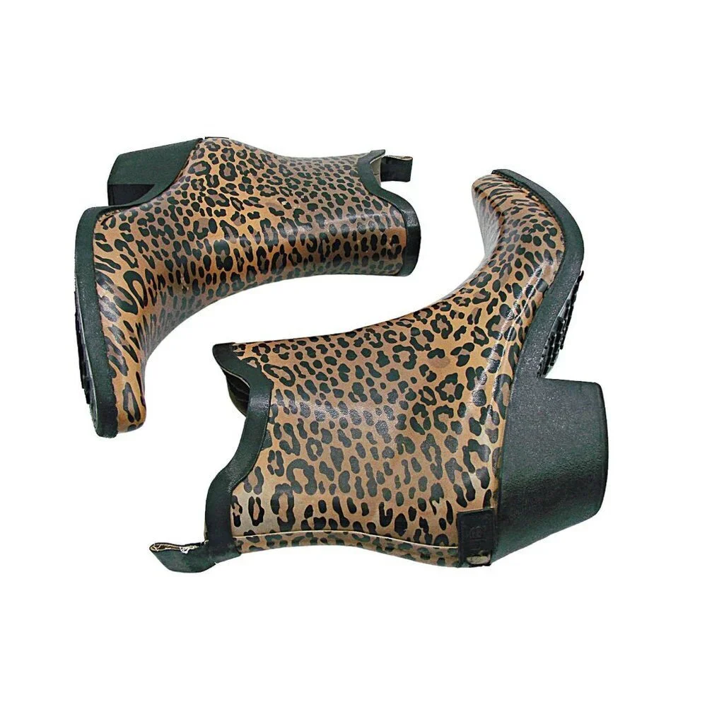 CORKYS Womens Girls Black Brown Leopard Print Cowgirl Ankle Rainboots Size US 5